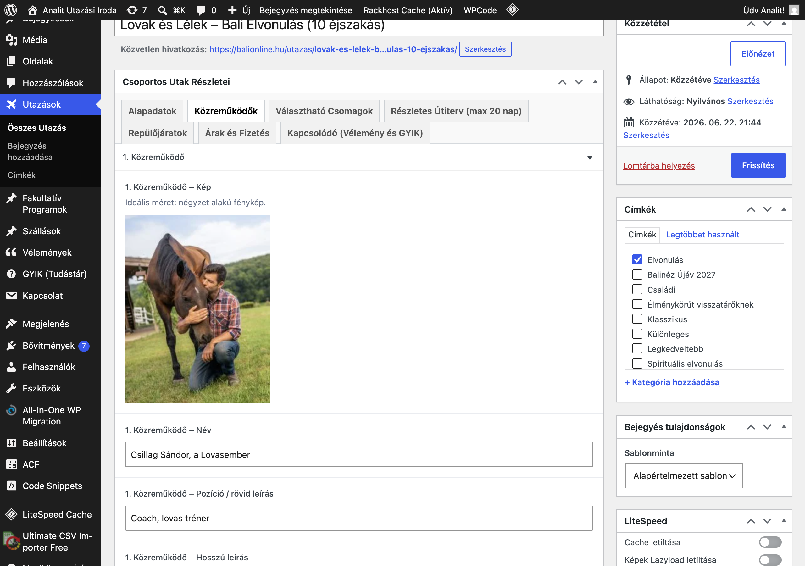 A Közreműködők fül mezői